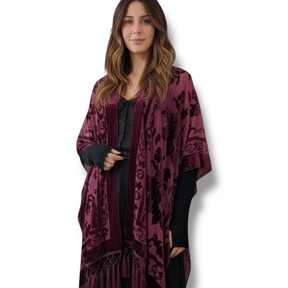 Burgundy Floral Long Fringe Kimono Jacket Duster NWT